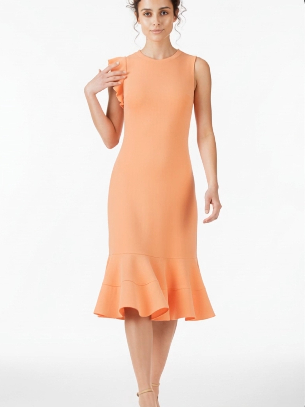 Sleeveless Ruffle-Shoulder Midi Dress in Peach Size M - Picture 6 of 17